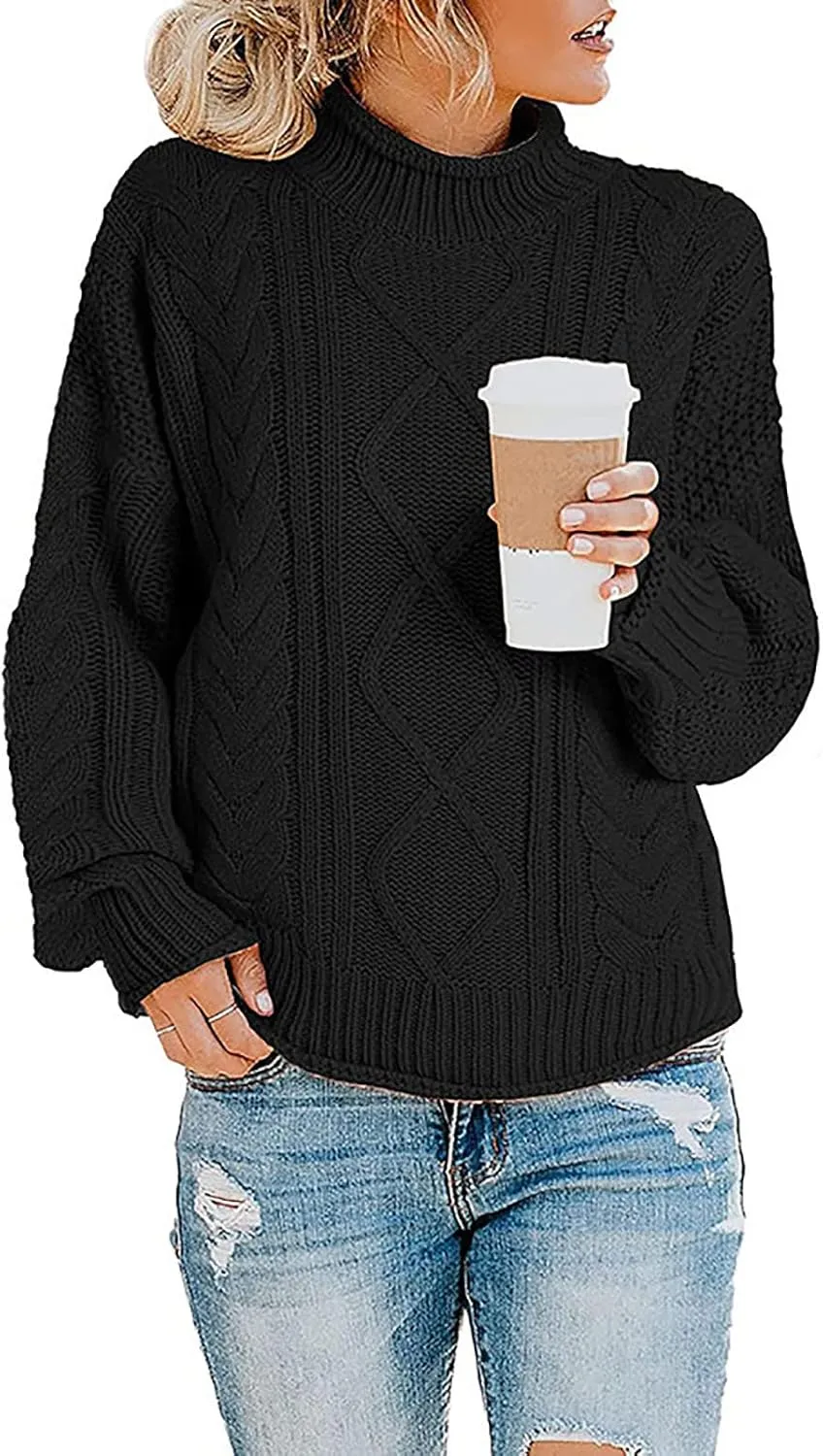 Womens Fall Clothes Fisherman Cable Knit Sweater Mock Neck Lantern Sleeve Knit Top Comfy Clothes for Flying