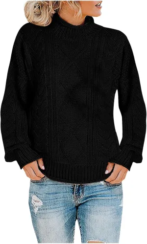 Womens Fall Clothes Fisherman Cable Knit Sweater Mock Neck Lantern Sleeve Knit Top Comfy Clothes for Flying