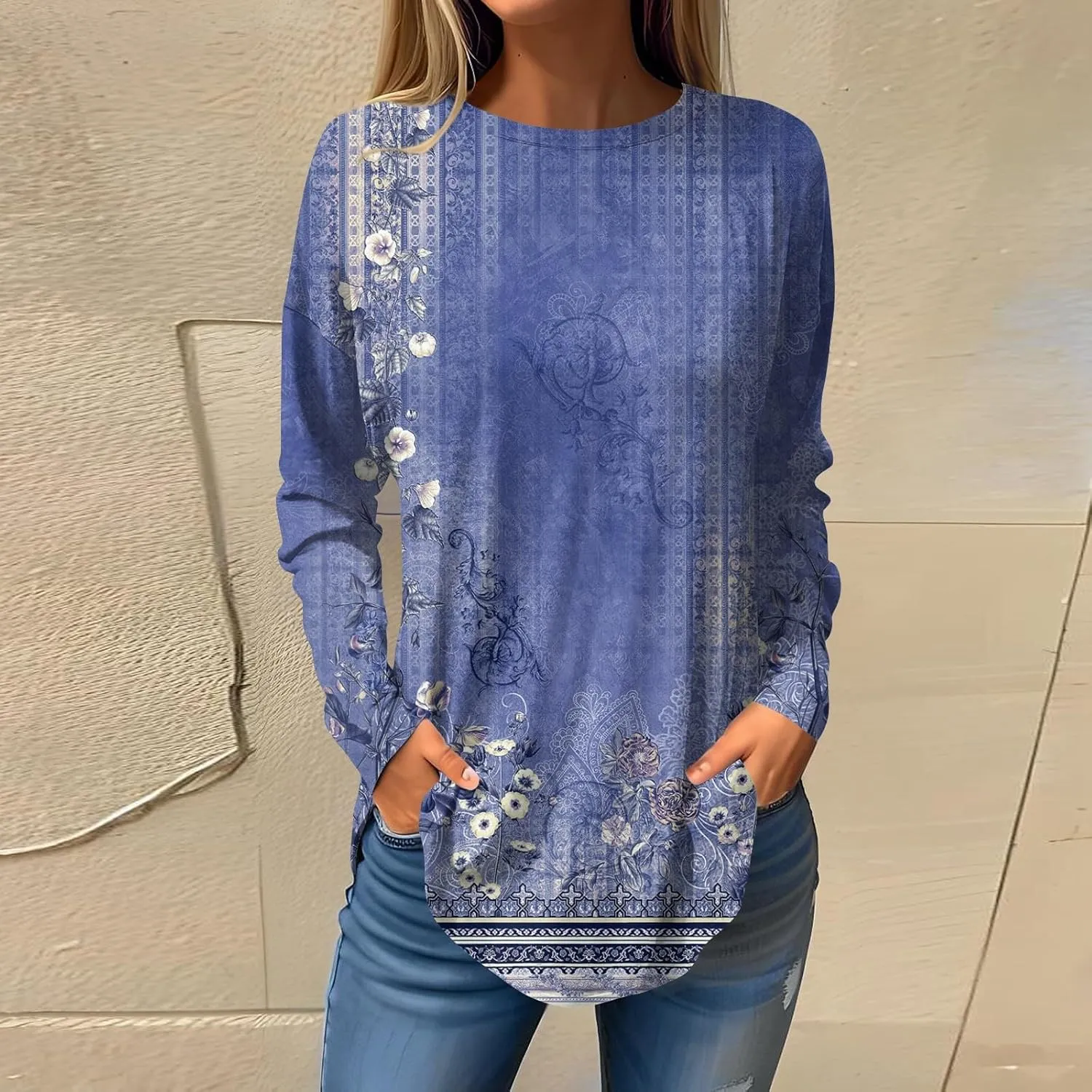 Womens Fall Tops Blouse Long Sleeve Round Neck T-Shirts Winter Ethnic Floral Tunic Tops Loose Fit Sweatshirt Trendy