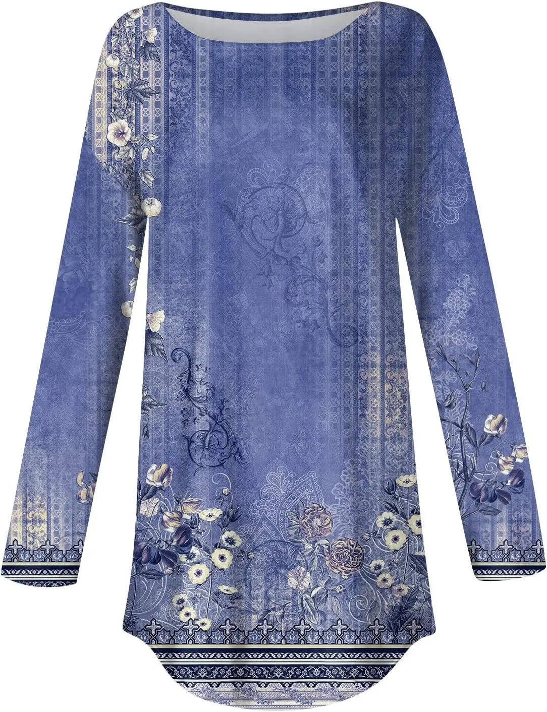 Womens Fall Tops Blouse Long Sleeve Round Neck T-Shirts Winter Ethnic Floral Tunic Tops Loose Fit Sweatshirt Trendy