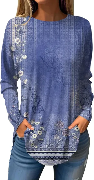 Womens Fall Tops Blouse Long Sleeve Round Neck T-Shirts Winter Ethnic Floral Tunic Tops Loose Fit Sweatshirt Trendy