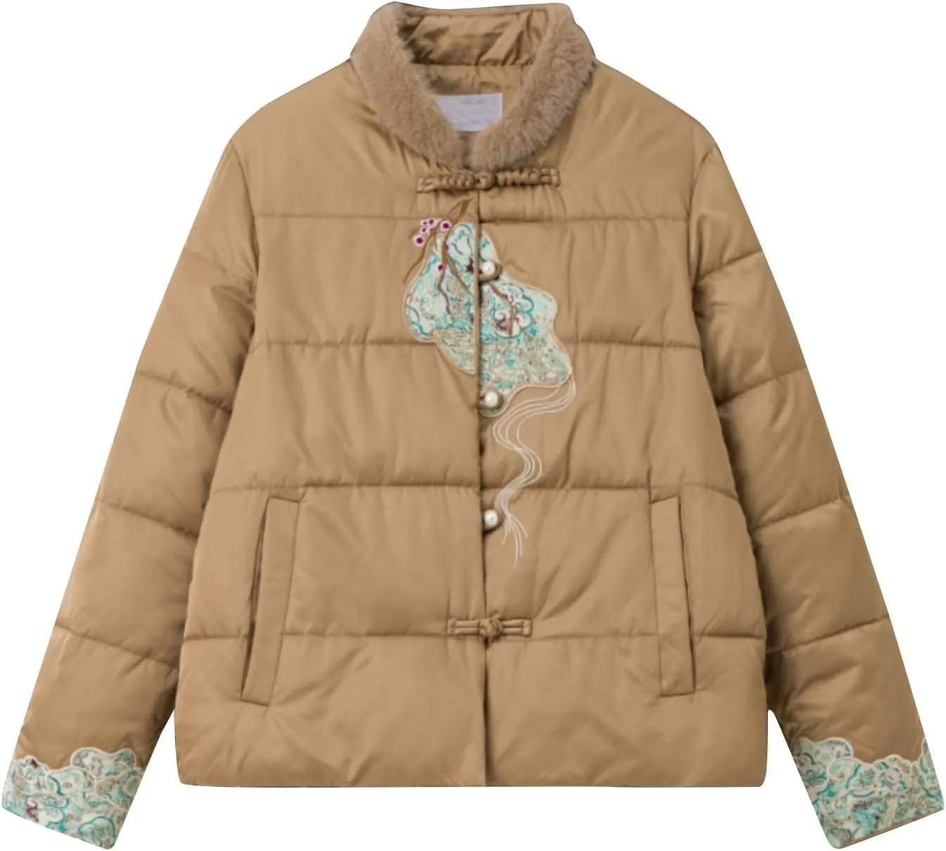 Women's Fashion Casual Thickened Embroidery Winter Warm Down Coat Jacket Trendy Warm Clothes Zip Up Puffer Outerwear