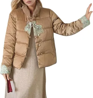 Women's Fashion Casual Thickened Embroidery Winter Warm Down Coat Jacket Trendy Warm Clothes Zip Up Puffer Outerwear
