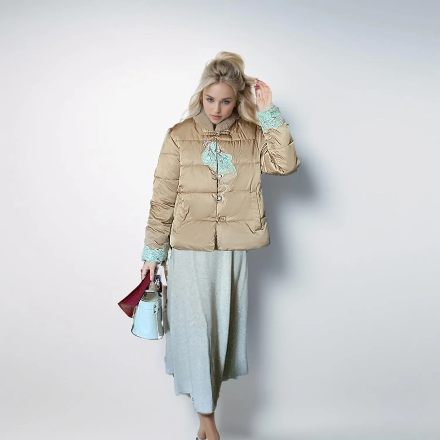 Women's Fashion Casual Thickened Embroidery Winter Warm Down Coat Jacket Trendy Warm Clothes Zip Up Puffer Outerwear