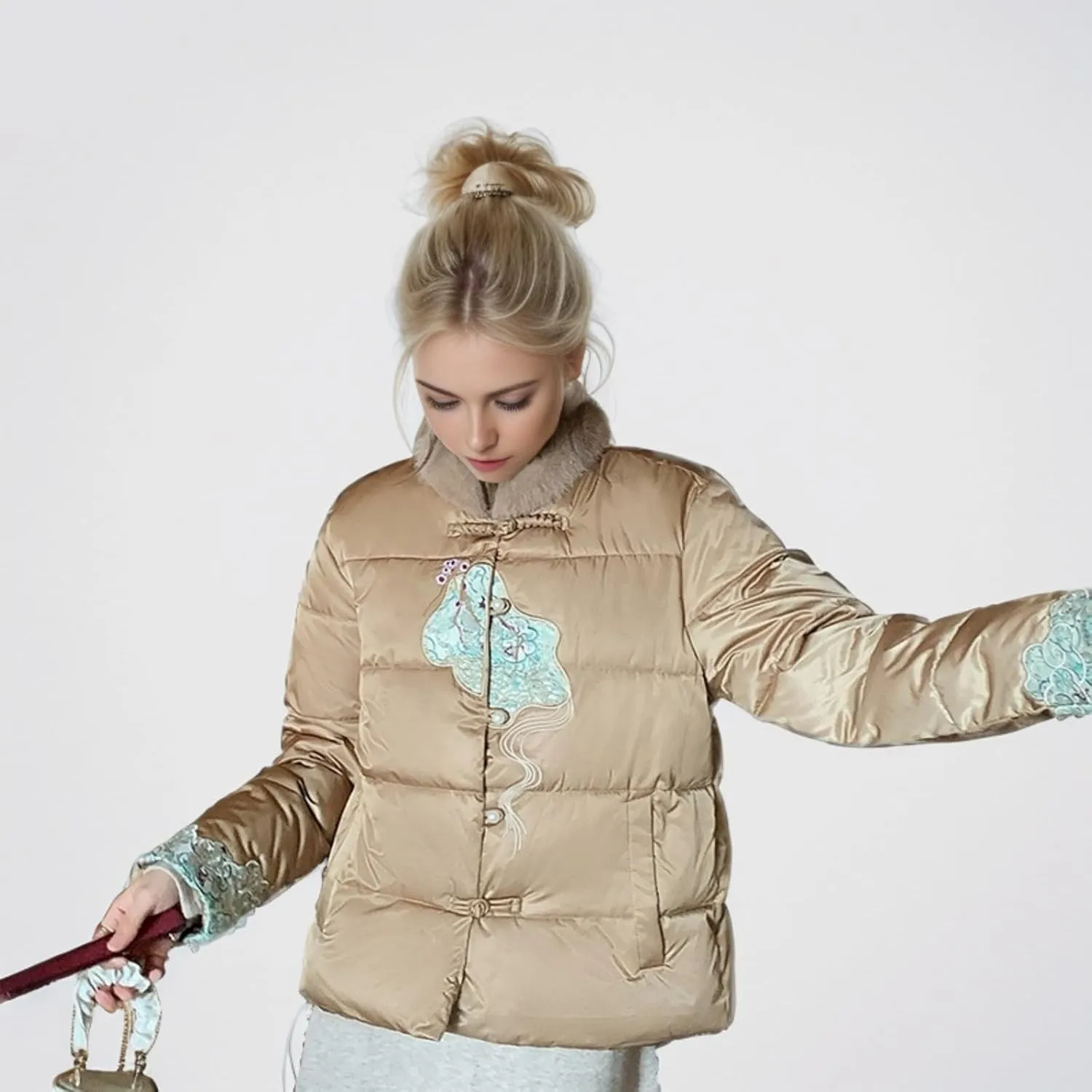 Women's Fashion Casual Thickened Embroidery Winter Warm Down Coat Jacket Trendy Warm Clothes Zip Up Puffer Outerwear