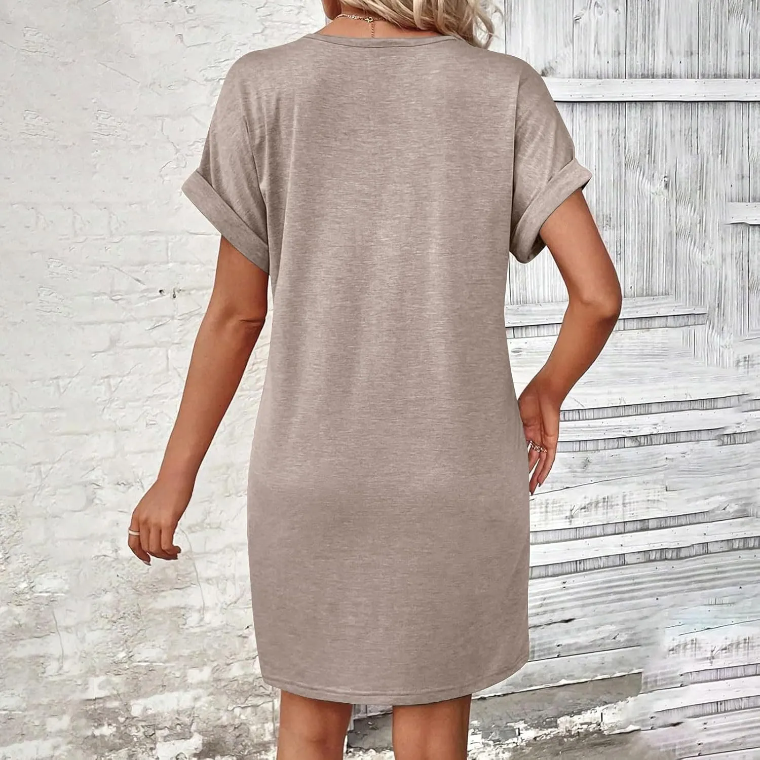 Womens Fashion V-Neck Button Up Dress Roll Short Sleeve Tunic A Line Knee Length Dresses Beach Vacation Mini Dress