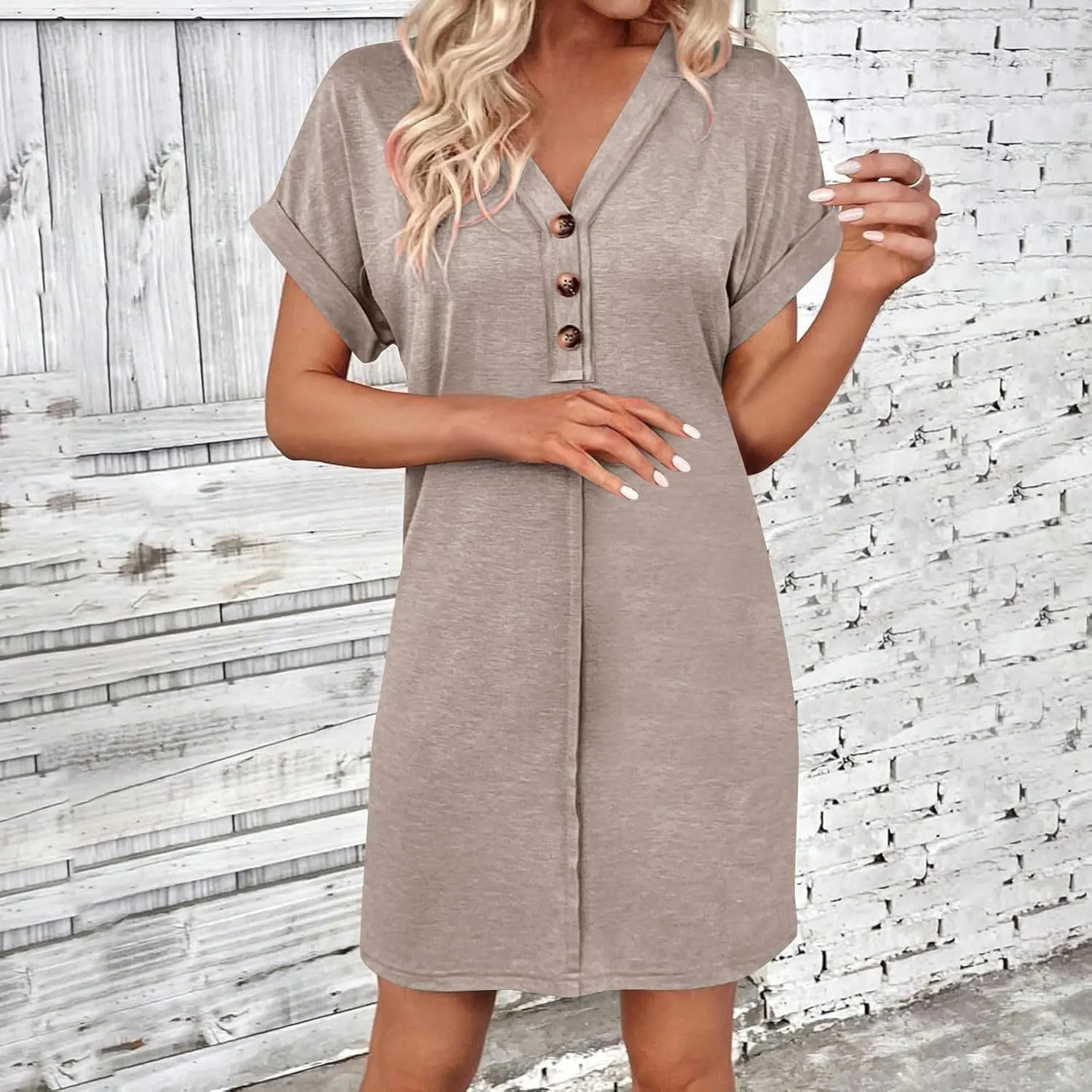 Womens Fashion V-Neck Button Up Dress Roll Short Sleeve Tunic A Line Knee Length Dresses Beach Vacation Mini Dress