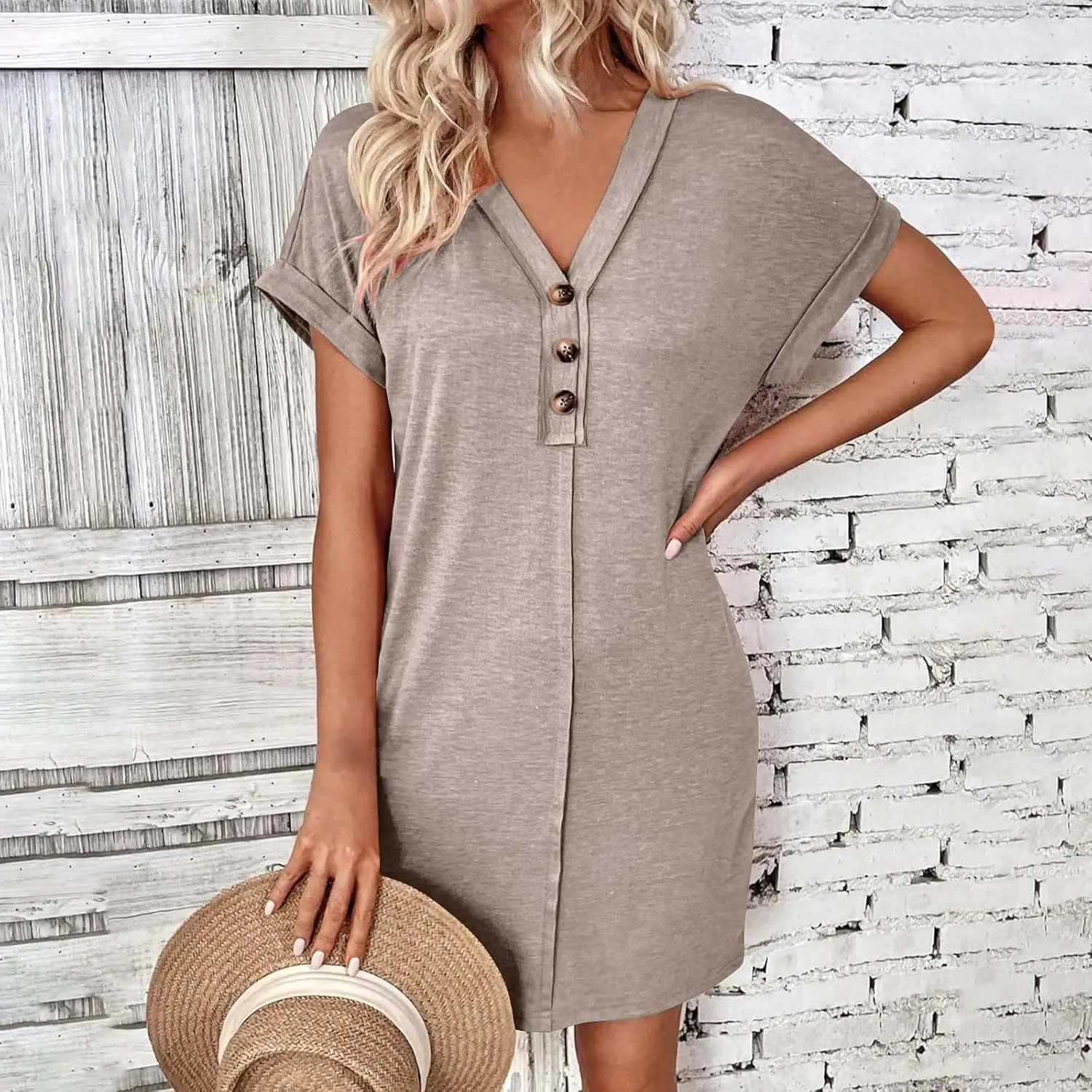 Womens Fashion V-Neck Button Up Dress Roll Short Sleeve Tunic A Line Knee Length Dresses Beach Vacation Mini Dress
