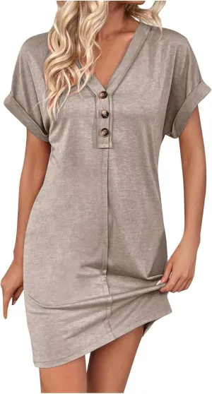 Womens Fashion V-Neck Button Up Dress Roll Short Sleeve Tunic A Line Knee Length Dresses Beach Vacation Mini Dress