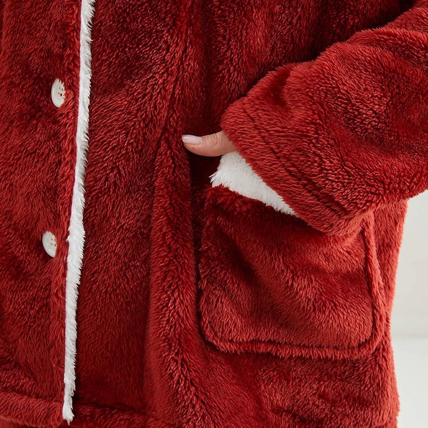Womens Flannel Pajamas Sets Shawl Collar Long Sleeve Button Up Night Shirt Jogger Pants Fleece Lounge Set with Pocket