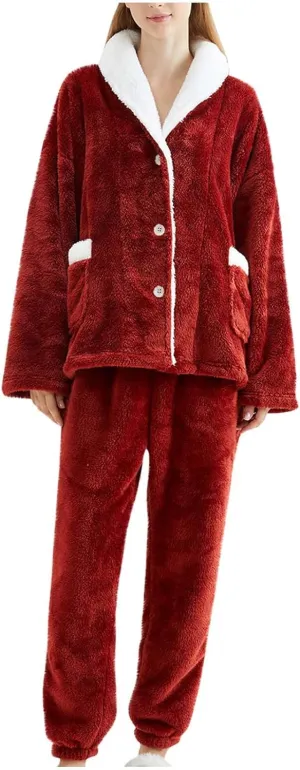 Womens Flannel Pajamas Sets Shawl Collar Long Sleeve Button Up Night Shirt Jogger Pants Fleece Lounge Set with Pocket