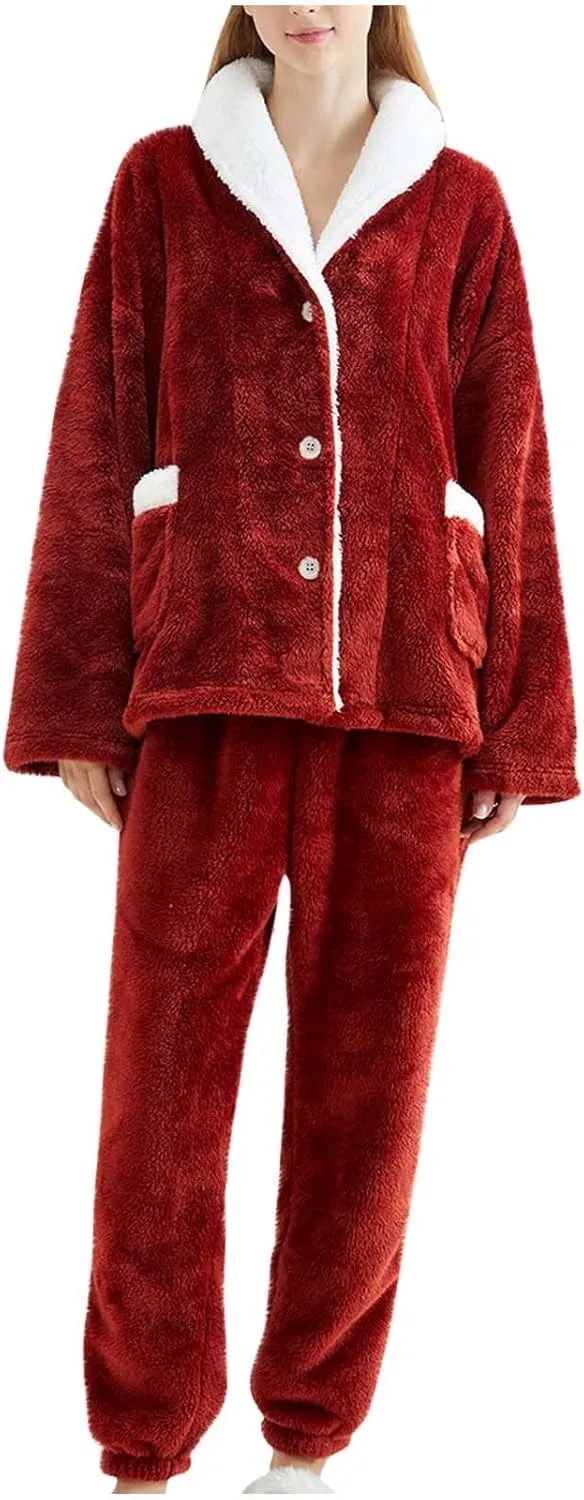 Womens Flannel Pajamas Sets Shawl Collar Long Sleeve Button Up Night Shirt Jogger Pants Fleece Lounge Set with Pocket