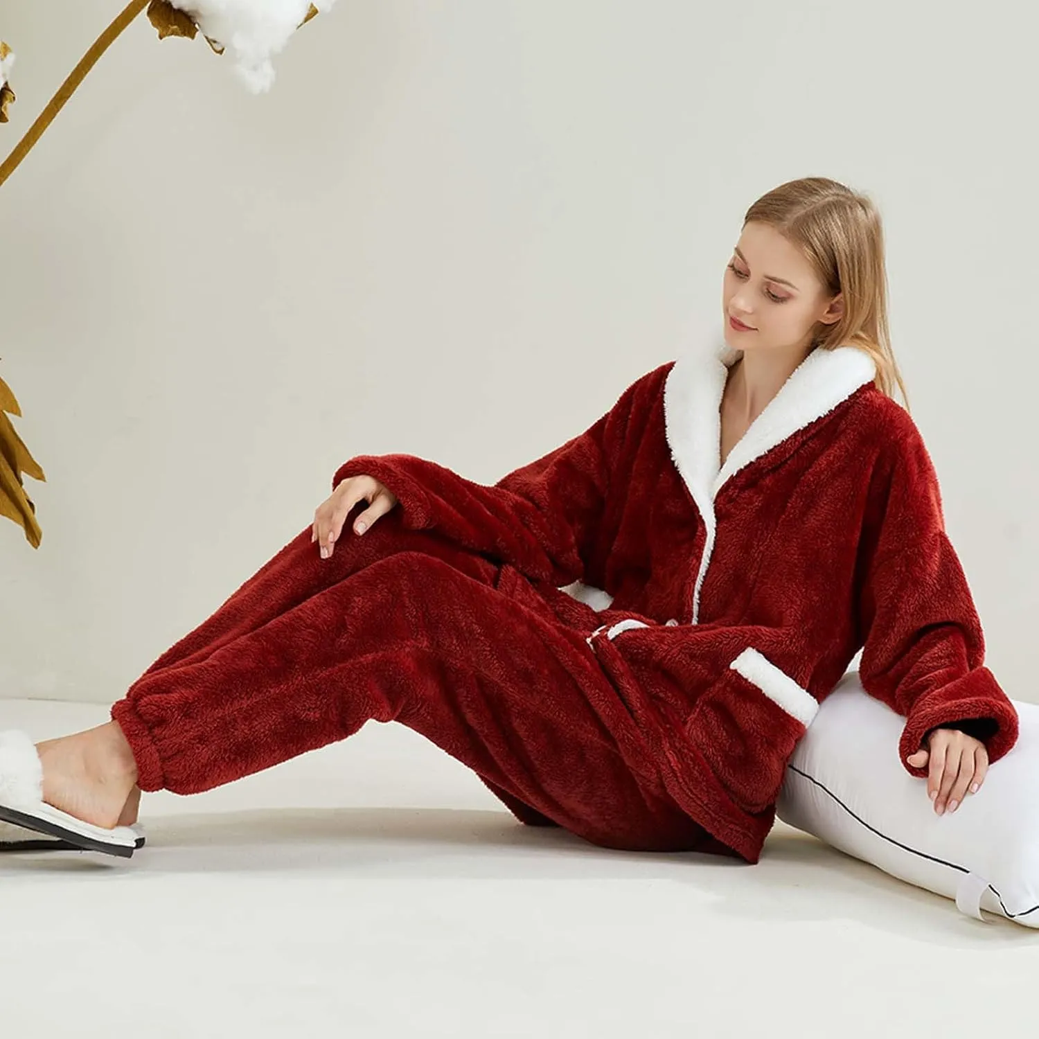 Womens Flannel Pajamas Sets Shawl Collar Long Sleeve Button Up Night Shirt Jogger Pants Fleece Lounge Set with Pocket