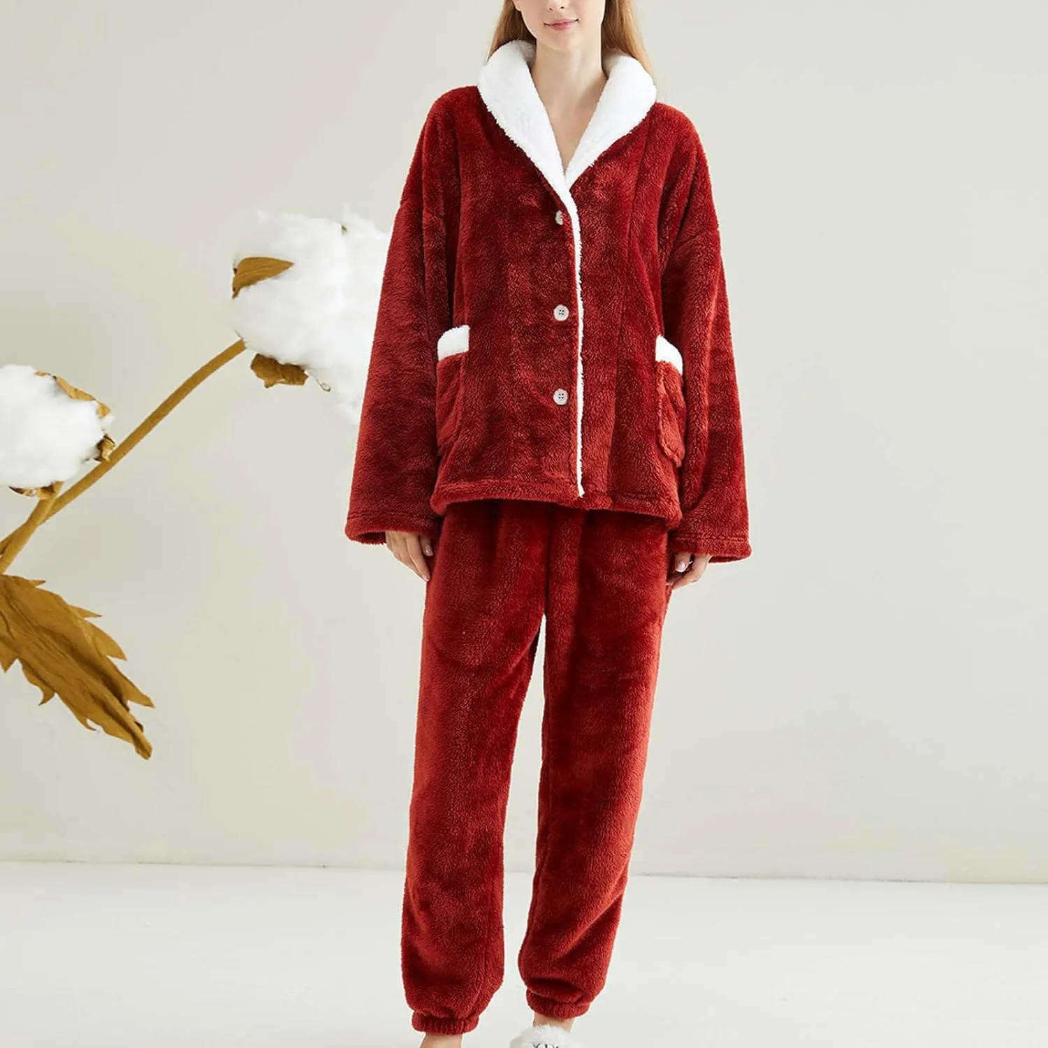 Womens Flannel Pajamas Sets Shawl Collar Long Sleeve Button Up Night Shirt Jogger Pants Fleece Lounge Set with Pocket
