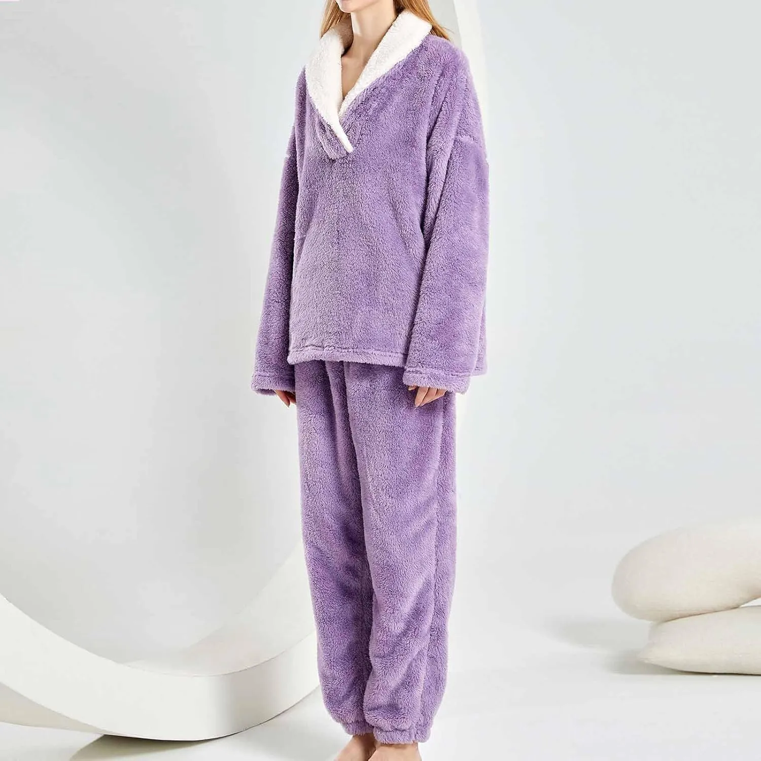 Women's Fleece Pajamas Lounge Set Turn-Down Collar Long Sleeve Shirts Tops and Pants 2 Piece Loungewear Solid Color