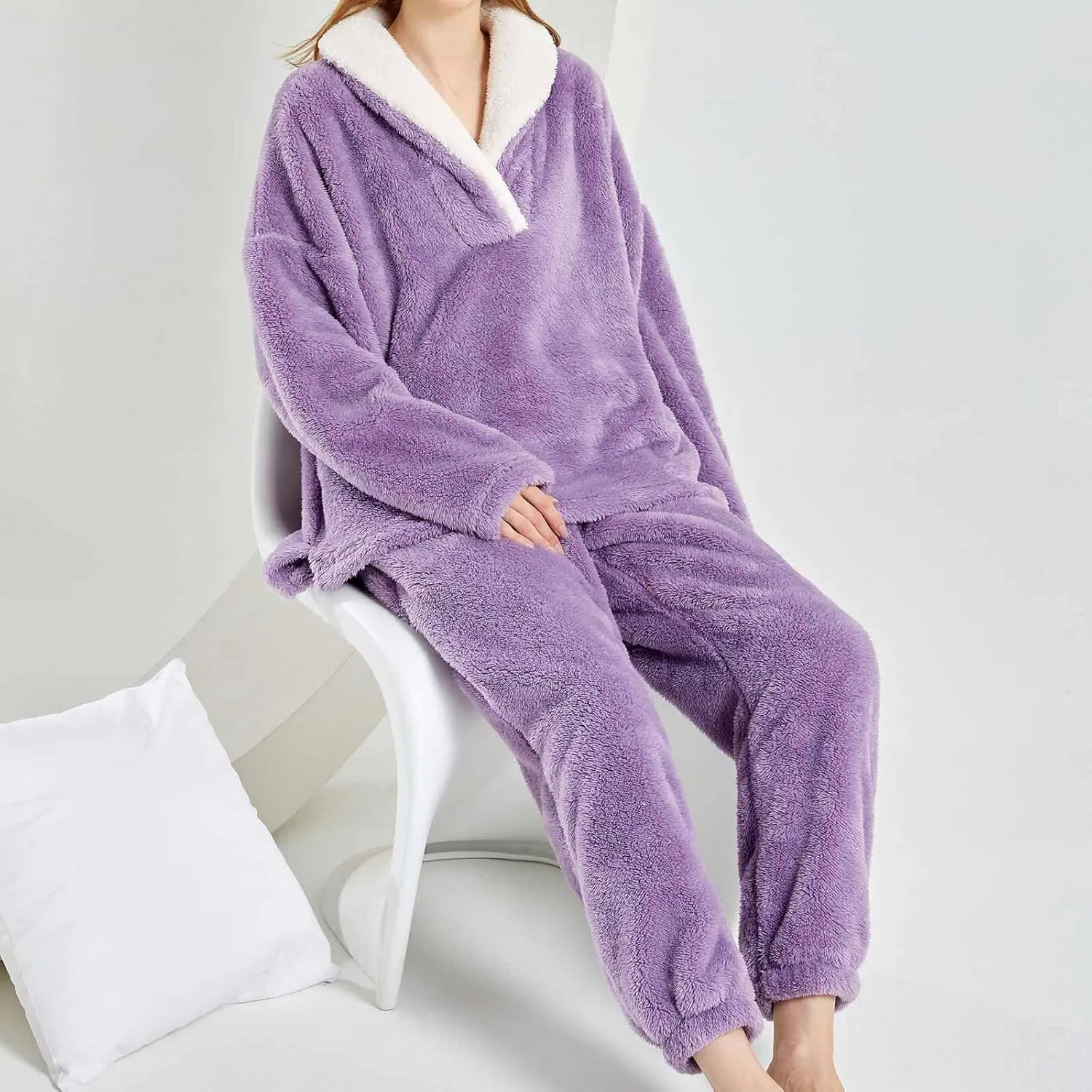 Women's Fleece Pajamas Lounge Set Turn-Down Collar Long Sleeve Shirts Tops and Pants 2 Piece Loungewear Solid Color