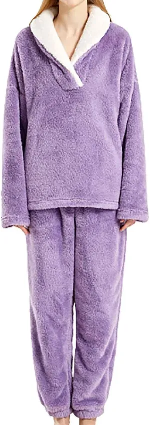 Women's Fleece Pajamas Lounge Set Turn-Down Collar Long Sleeve Shirts Tops and Pants 2 Piece Loungewear Solid Color