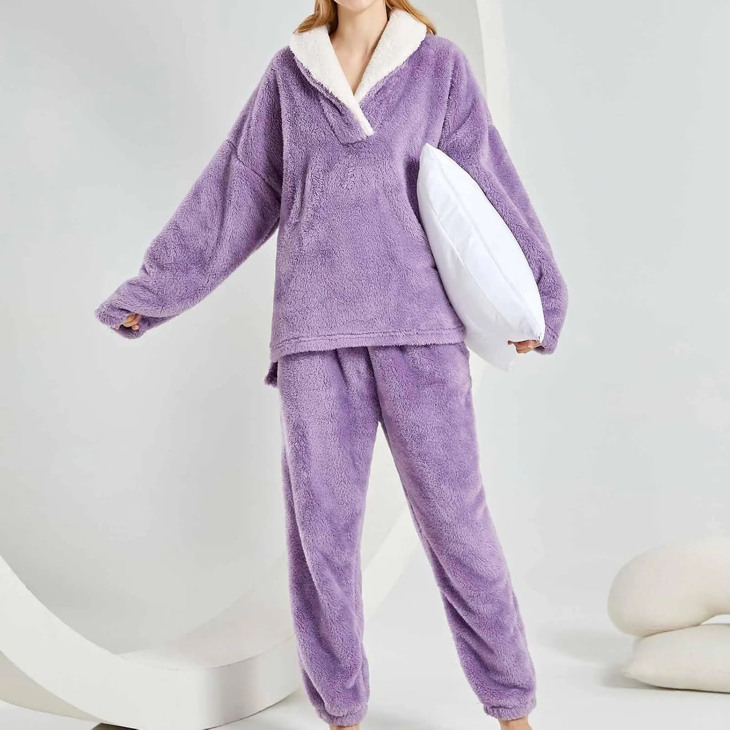 Women's Fleece Pajamas Lounge Set Turn-Down Collar Long Sleeve Shirts Tops and Pants 2 Piece Loungewear Solid Color