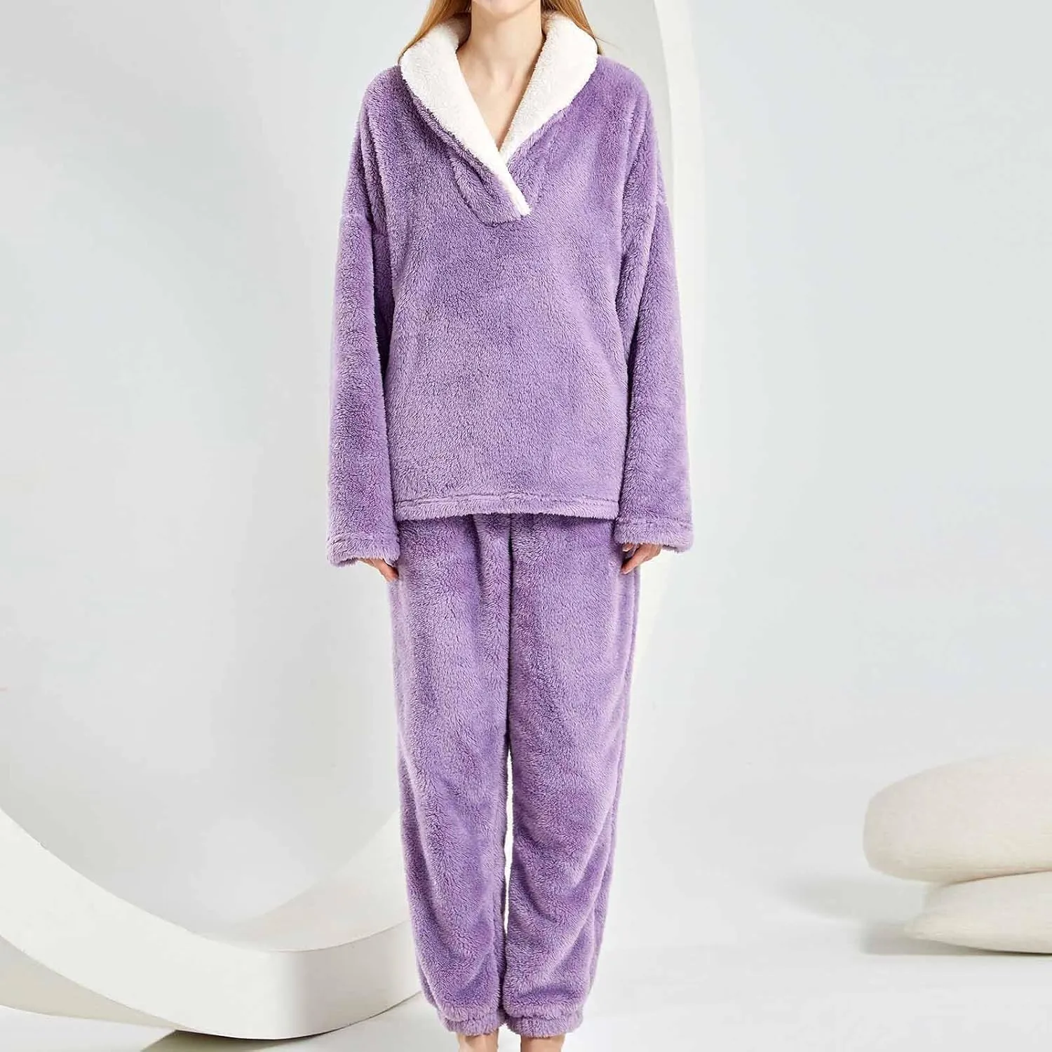 Women's Fleece Pajamas Lounge Set Turn-Down Collar Long Sleeve Shirts Tops and Pants 2 Piece Loungewear Solid Color