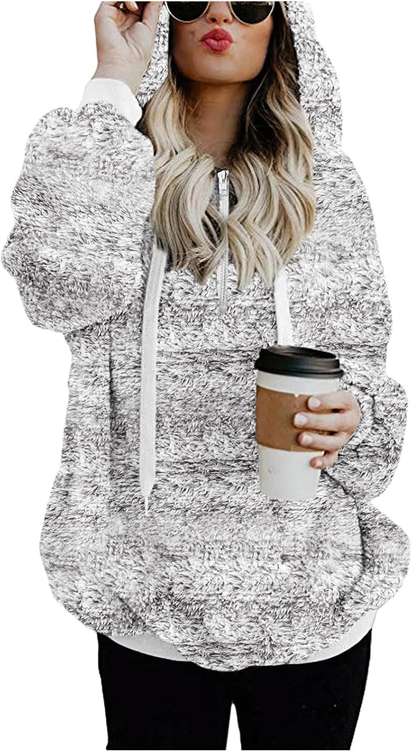 Womens Fuzzy Fleece Sweatshirts with Pockets 2023 Warm Winter Hoodie Warm Sherpa Pullover Outwear Long Sleeve Pullover