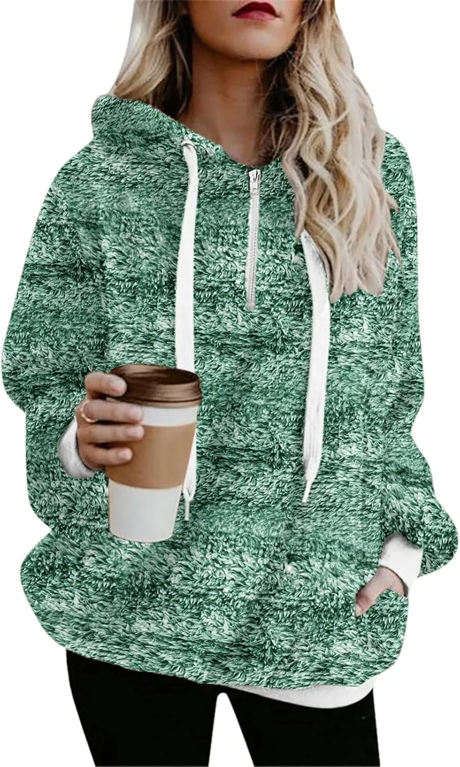 Womens Fuzzy Fleece Sweatshirts with Pockets 2023 Warm Winter Hoodie Warm Sherpa Pullover Outwear Long Sleeve Pullover