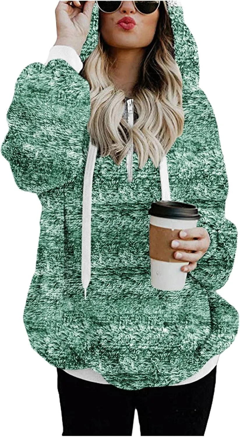Womens Fuzzy Fleece Sweatshirts with Pockets 2023 Warm Winter Hoodie Warm Sherpa Pullover Outwear Long Sleeve Pullover