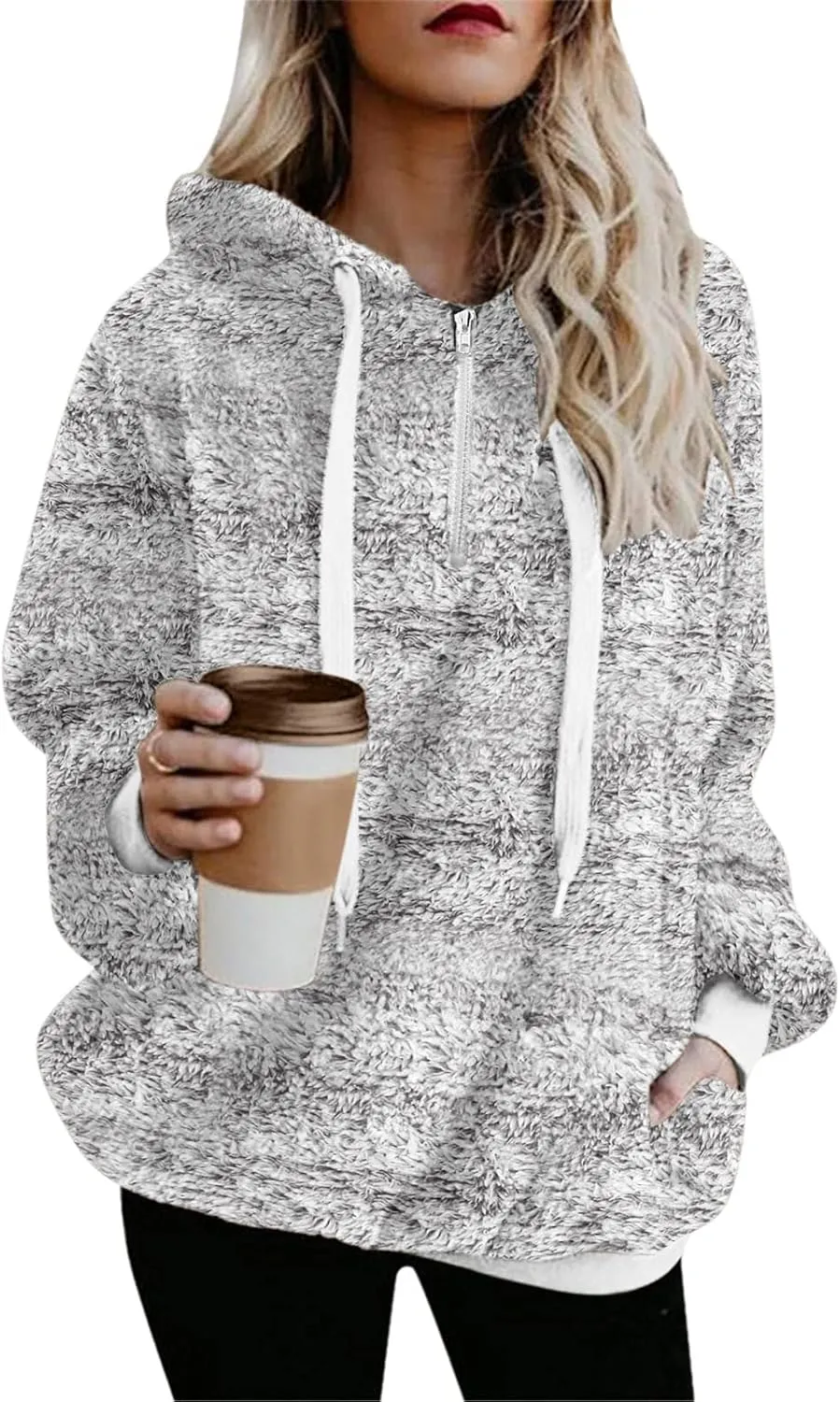 Womens Fuzzy Fleece Sweatshirts with Pockets 2023 Warm Winter Hoodie Warm Sherpa Pullover Outwear Long Sleeve Pullover