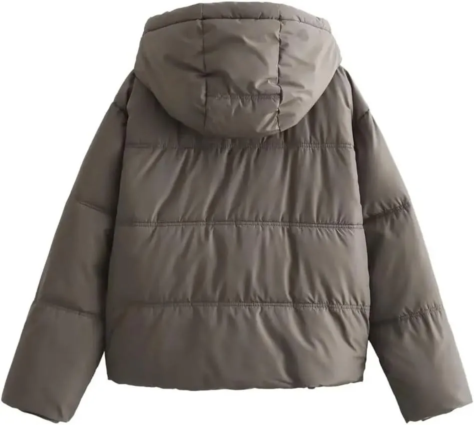 Women's High Collar Hooded Short Puffer Jacket Winter Thickened Warm Quilted Down Coat Windproof Warm Parkas