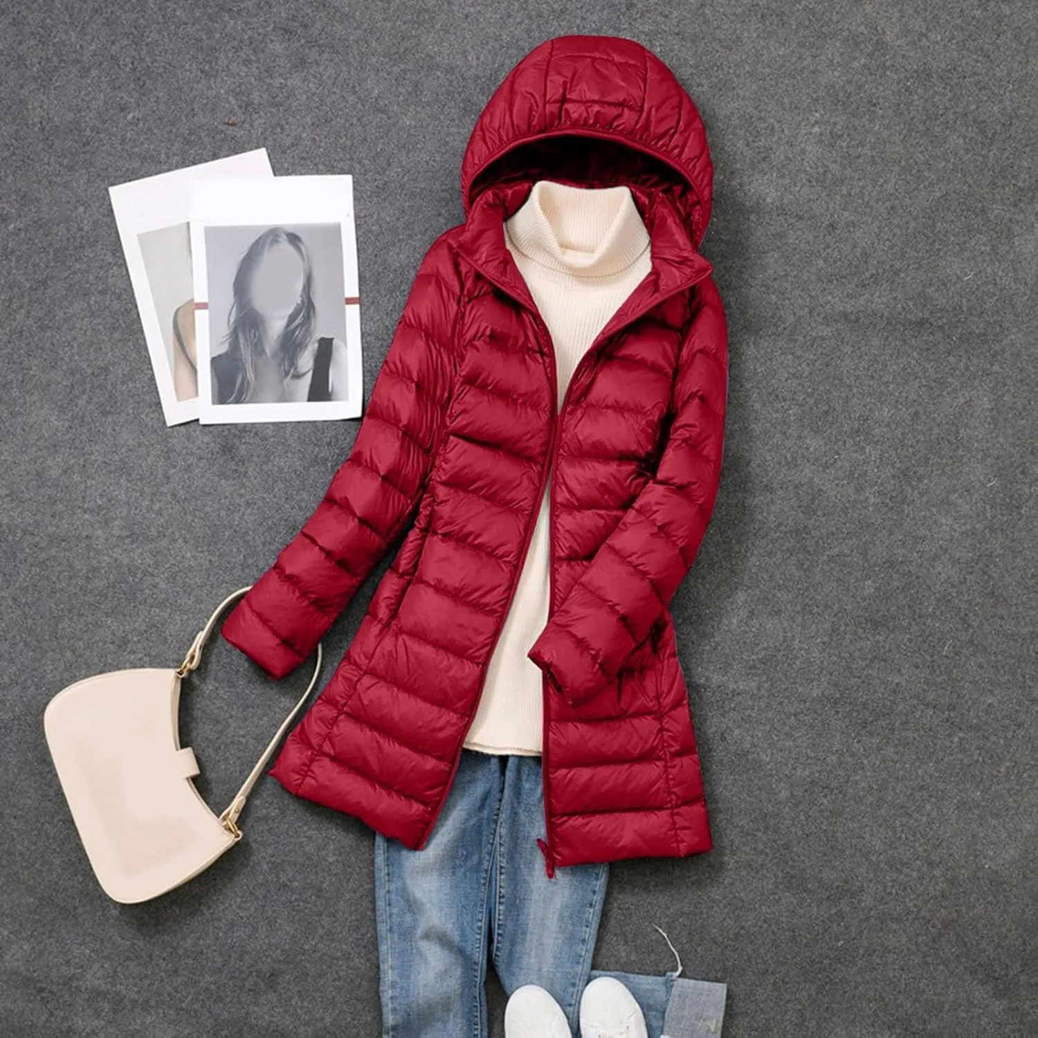 Women's Hooded Warm Winter Coat Lightweight Full-Zip Puffer Warm Quilted Jacket Casual Lapel Long Sleeve Coats