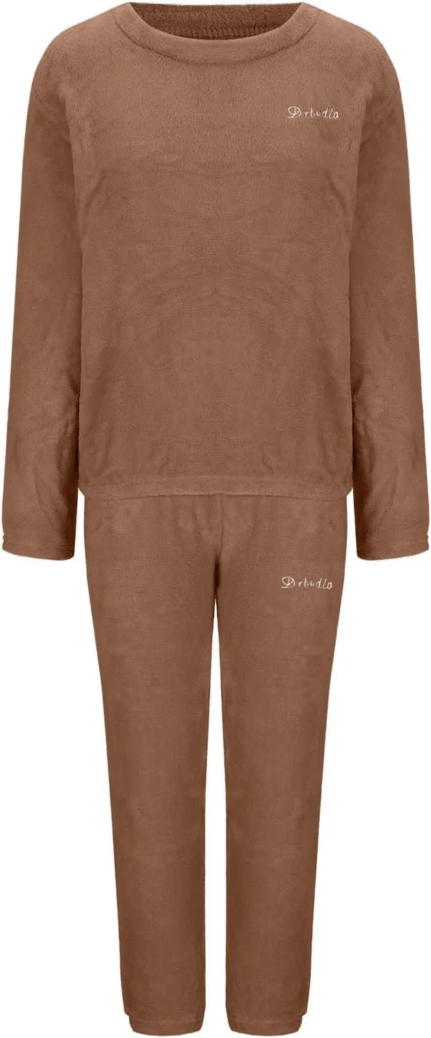 Womens Letter Print Fuzzy Fleece Pajama Sets Casual Long Sleeve Pullover Sleepwear Tops Cinch Bottom Pants Lounge Set
