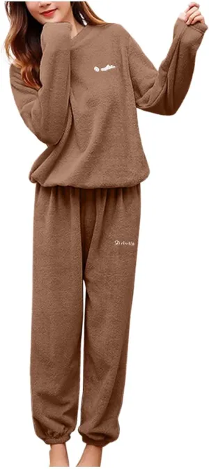 Womens Letter Print Fuzzy Fleece Pajama Sets Casual Long Sleeve Pullover Sleepwear Tops Cinch Bottom Pants Lounge Set