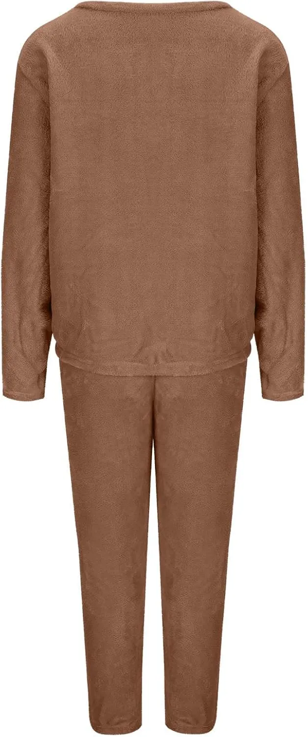 Womens Letter Print Fuzzy Fleece Pajama Sets Casual Long Sleeve Pullover Sleepwear Tops Cinch Bottom Pants Lounge Set