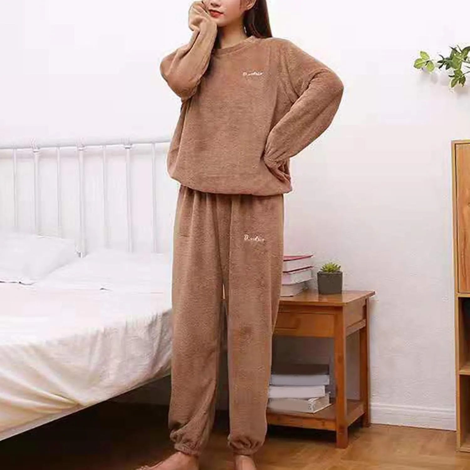 Womens Letter Print Fuzzy Fleece Pajama Sets Casual Long Sleeve Pullover Sleepwear Tops Cinch Bottom Pants Lounge Set