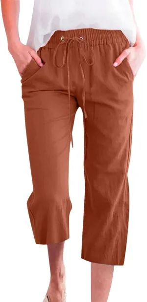 Women's Linen Capri Pants with Drawstring Beach Casual Pants Linen Lightweight Elastic Waist