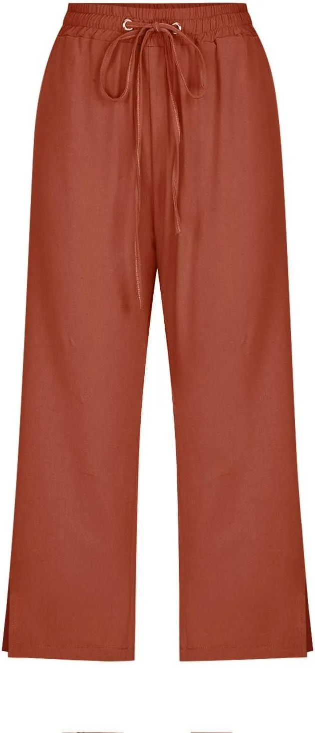 Women's Linen Capri Pants with Drawstring Beach Casual Pants Linen Lightweight Elastic Waist