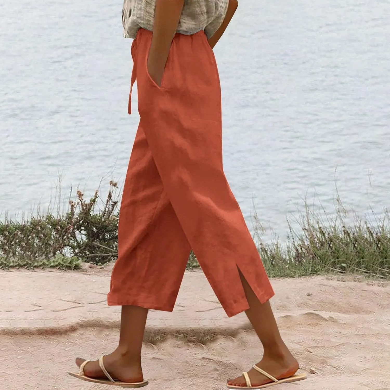 Women's Linen Capri Pants with Drawstring Beach Casual Pants Linen Lightweight Elastic Waist