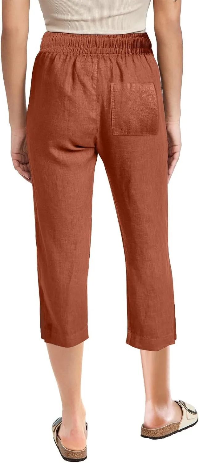 Women's Linen Capri Pants with Drawstring Beach Casual Pants Linen Lightweight Elastic Waist