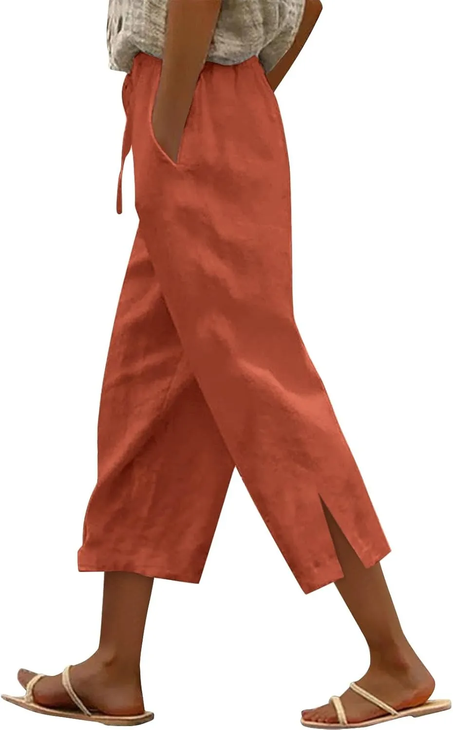 Women's Linen Capri Pants with Drawstring Beach Casual Pants Linen Lightweight Elastic Waist