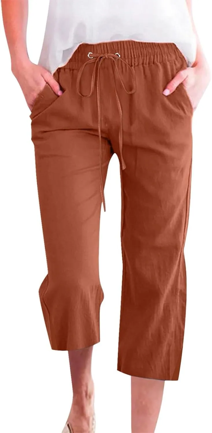 Women's Linen Capri Pants with Drawstring Beach Casual Pants Linen Lightweight Elastic Waist