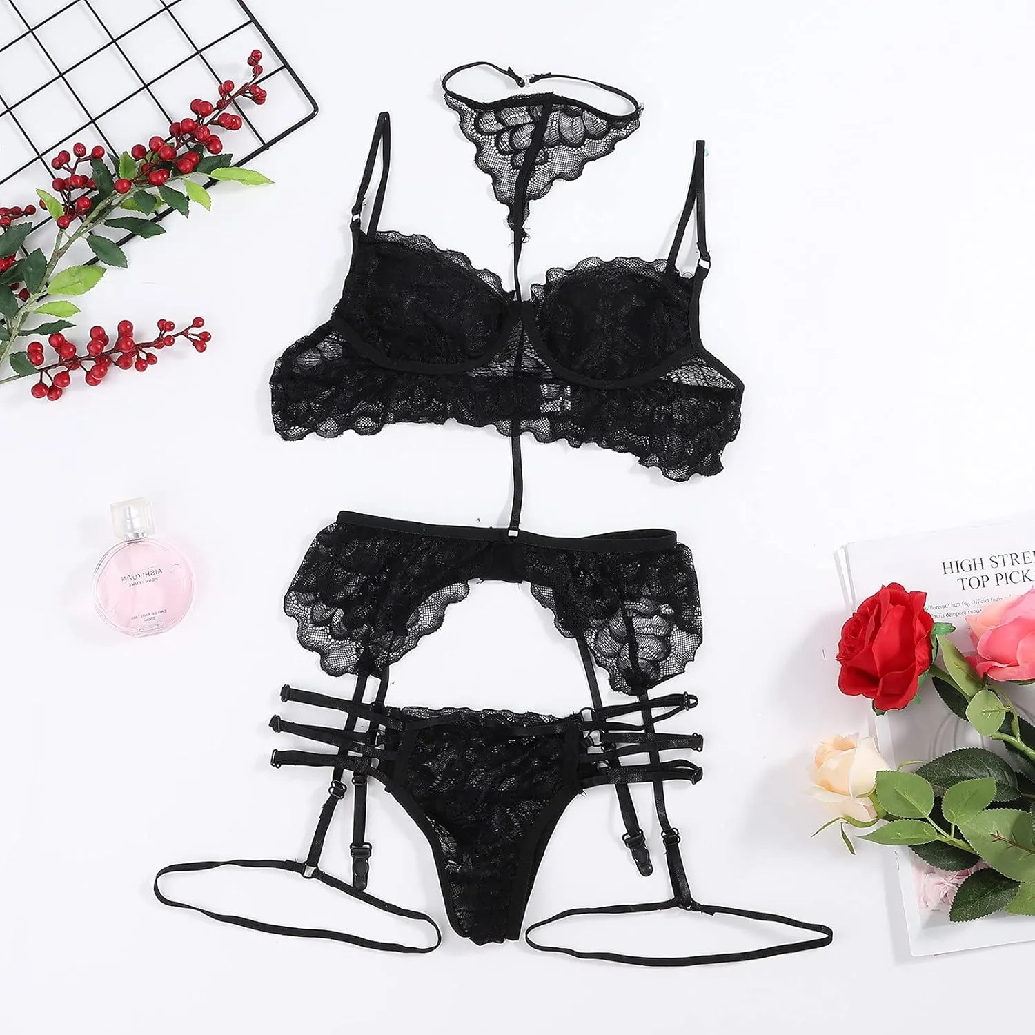 Women's Lingerie Set For Women Sexy Lace Halter Bralette High Waist Panty Set