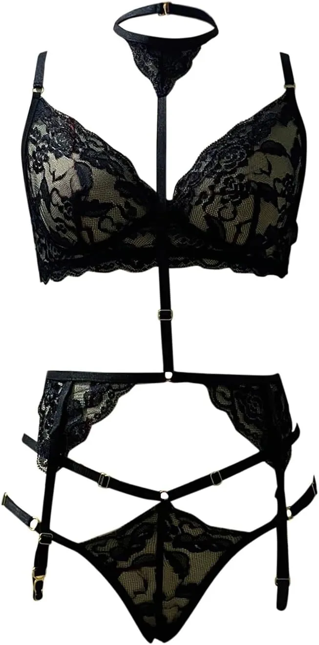 Women's Lingerie Set For Women Sexy Lace Halter Bralette High Waist Panty Set