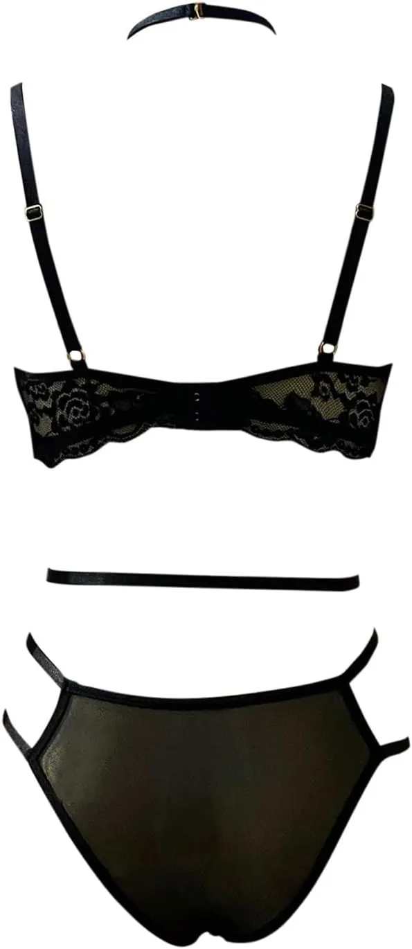 Women's Lingerie Set For Women Sexy Lace Halter Bralette High Waist Panty Set