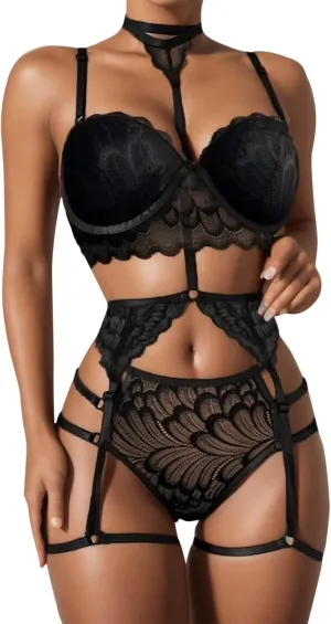 Women's Lingerie Set For Women Sexy Lace Halter Bralette High Waist Panty Set