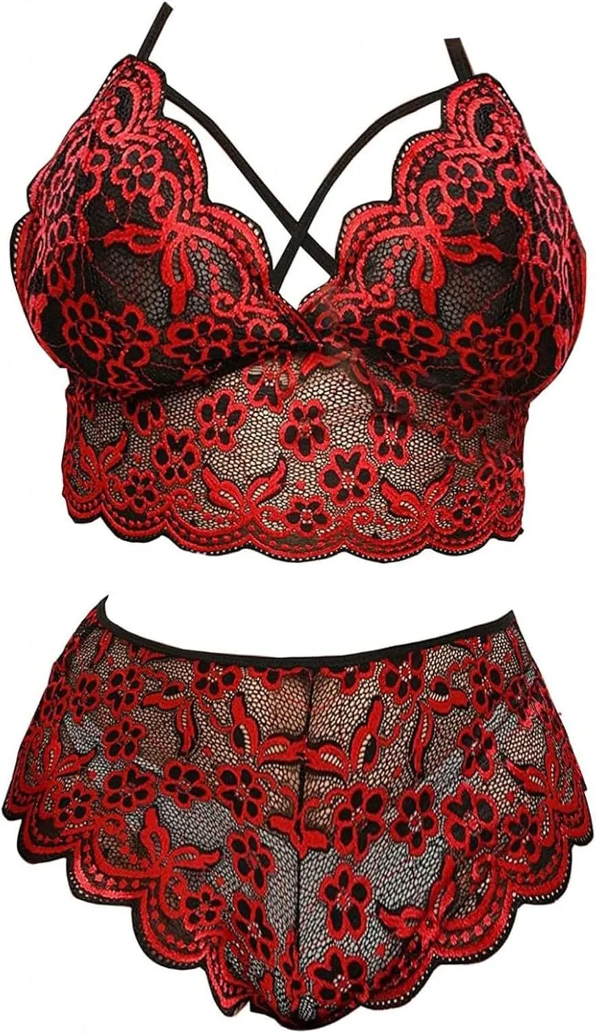 Womens Lingerie Sets Stretchy Lace Bra and Panty Sexy Two Piece Pajamas Plus Size Lingerie Pants