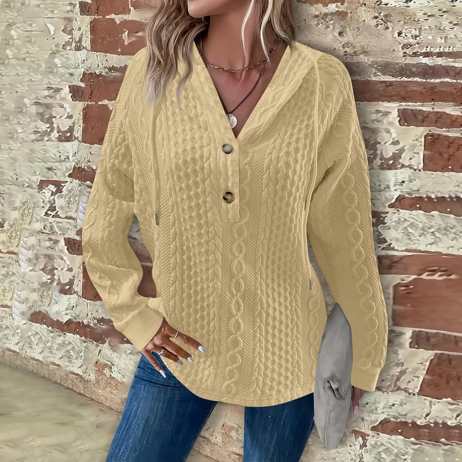 Women's Long Sleeve Hooded Trendy Drawstring Sweatshirt 2024 Button Loose V-Neck Top Comfy Slim Clothes