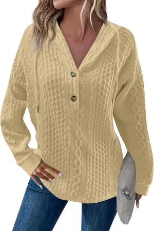 Women's Long Sleeve Hooded Trendy Drawstring Sweatshirt 2024 Button Loose V-Neck Top Comfy Slim Clothes