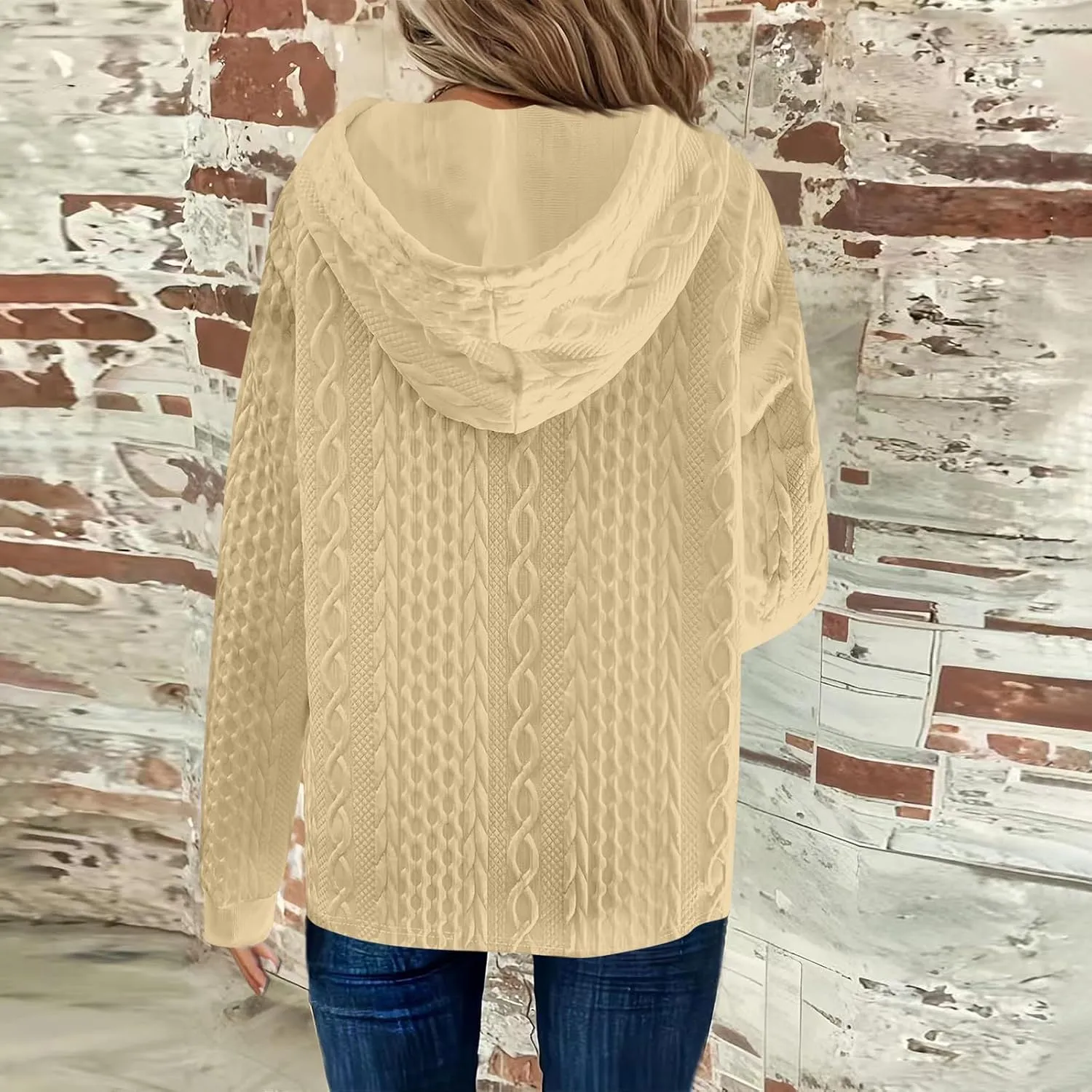Women's Long Sleeve Hooded Trendy Drawstring Sweatshirt 2024 Button Loose V-Neck Top Comfy Slim Clothes