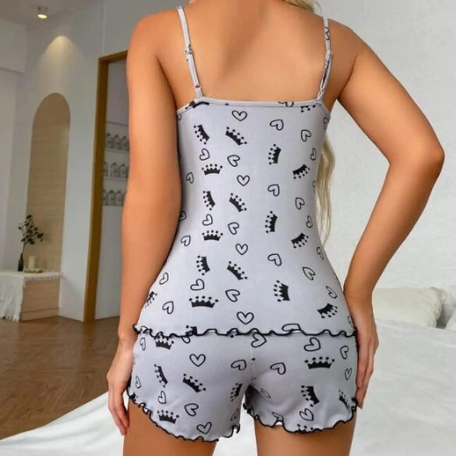 Women's Long Sleeve Pj Set Women's Love Printed Ice Silk Shredded Milk Suspender Clothes Set Soft Pjs Set Loungewear