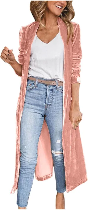 Women's Long Velvet Cardigan Jacket Lapel Collar Open Front Vintage Velour Cardigan Outerwear with Pockets