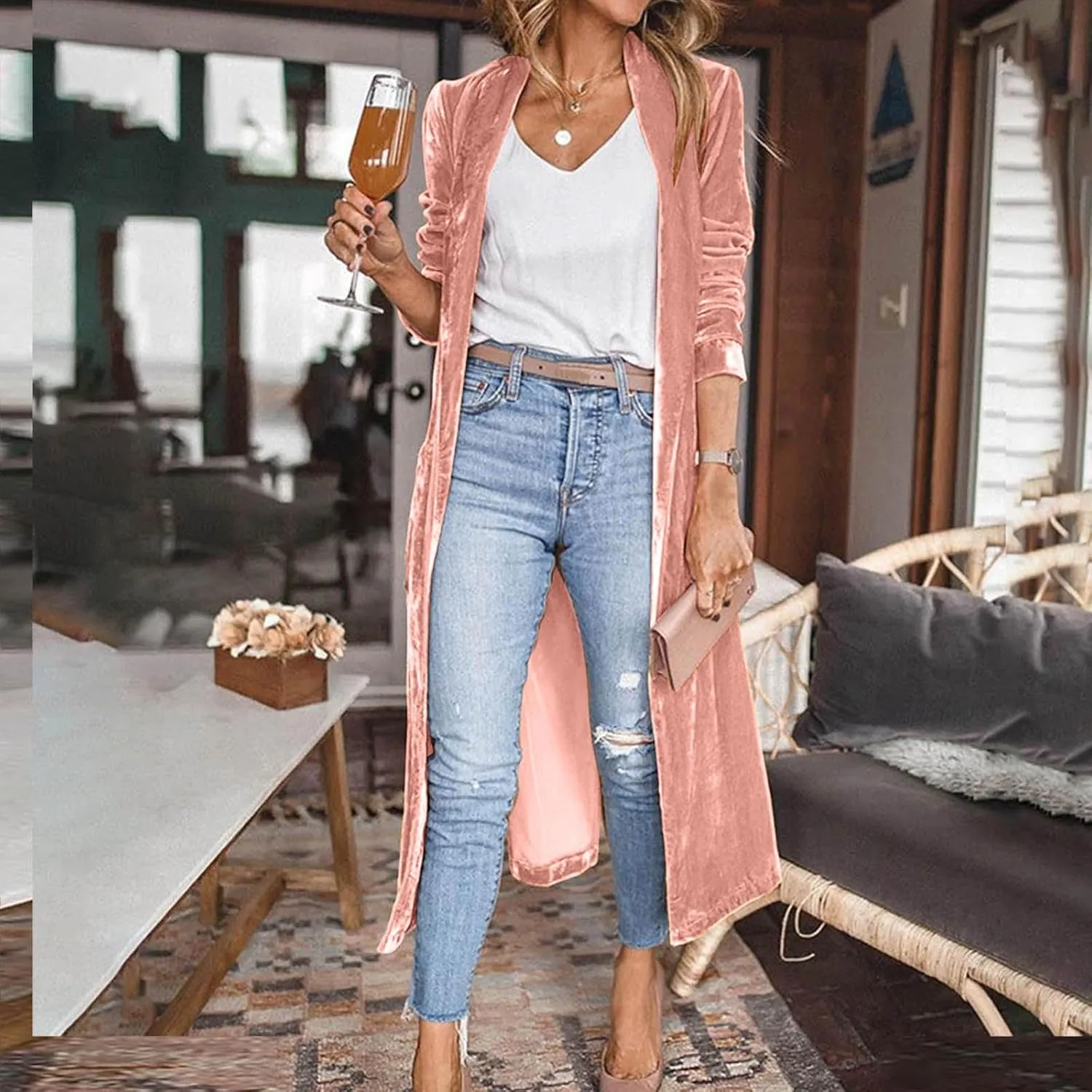 Women's Long Velvet Cardigan Jacket Lapel Collar Open Front Vintage Velour Cardigan Outerwear with Pockets